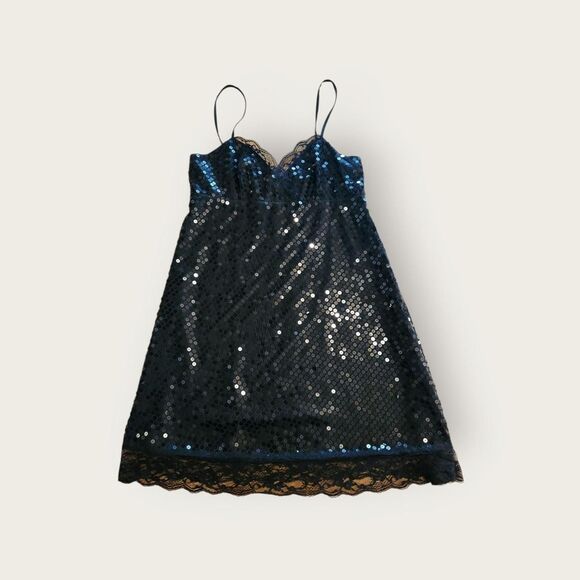 Vintage Y2k Express black sequined spaghetti strap mini dress Size 4 - Picture 1 of 4